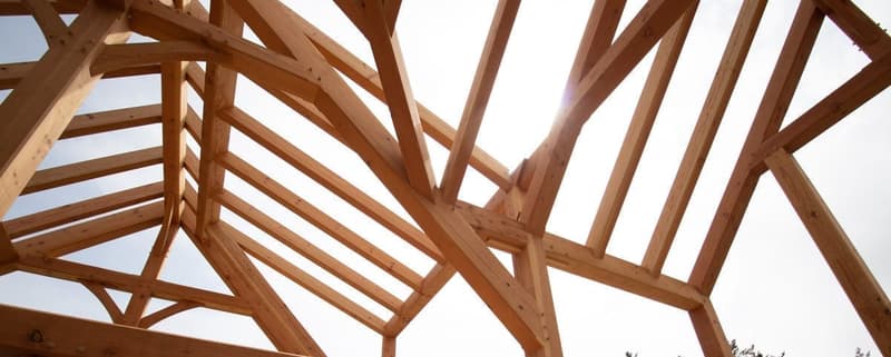 Timber frame great room with exposed trusses