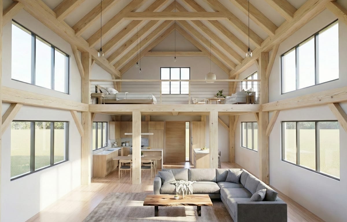 Tongue and fork colonial timber frame rendering